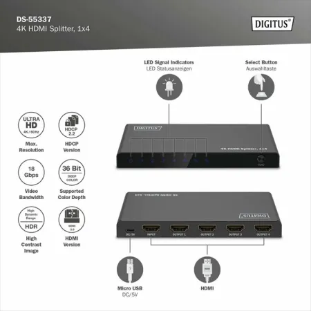 Digitus HDMI Çoklayıcı (1 Giriş 4 Çıkış)