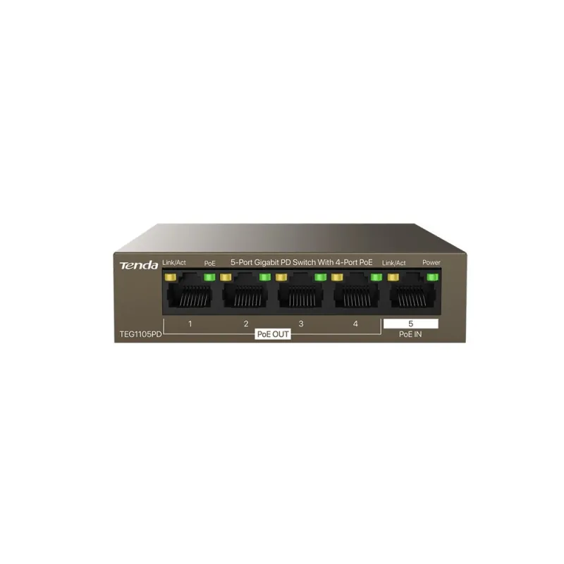 TENDA TEG1105PD 5 PORT 10/100/1000 1x PoE IN, 4x PoE OUT PoE PD SWITCH (Adaptörsüz)