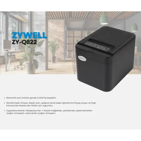 ZYWELL ZY-Q822 THERMAL / OTOMATİK KESİCİLİ USB+ETHERNET SLİP YAZICI 200MM/s / 80MM SİYAH
