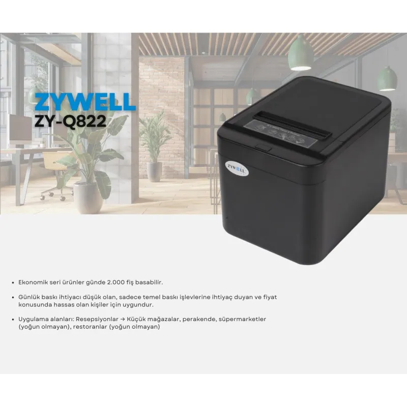 ZYWELL ZY-Q822 THERMAL / OTOMATİK KESİCİLİ USB+ETHERNET SLİP YAZICI 200MM/s / 80MM SİYAH