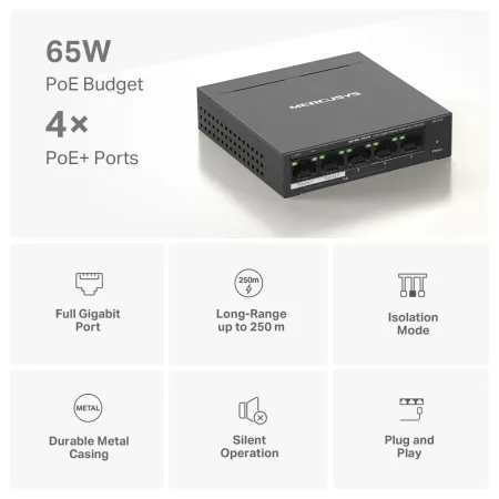 Tp-Link MERCUSYS MS105GP 5 PORT 10/100/1000 4 PORT POE+ YONETILEMEZ DESKTOP SWITCH METAL KASA