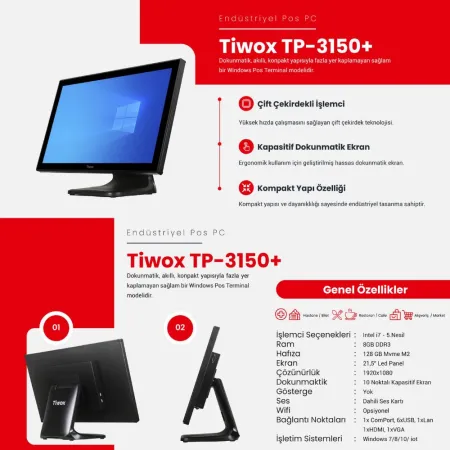 TIWOX TP-3150 PLUS I7 5.GEN 8GB/128GB SSD 21.5" ENDÜSTRİYEL POS PC