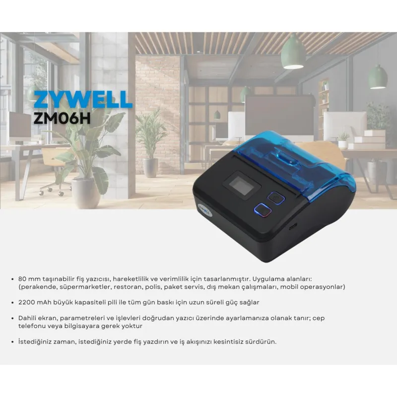 ZYWELL ZM06H THERMAL USB+BT MOBİL FİŞ YAZICI 80MM/s / 80MM