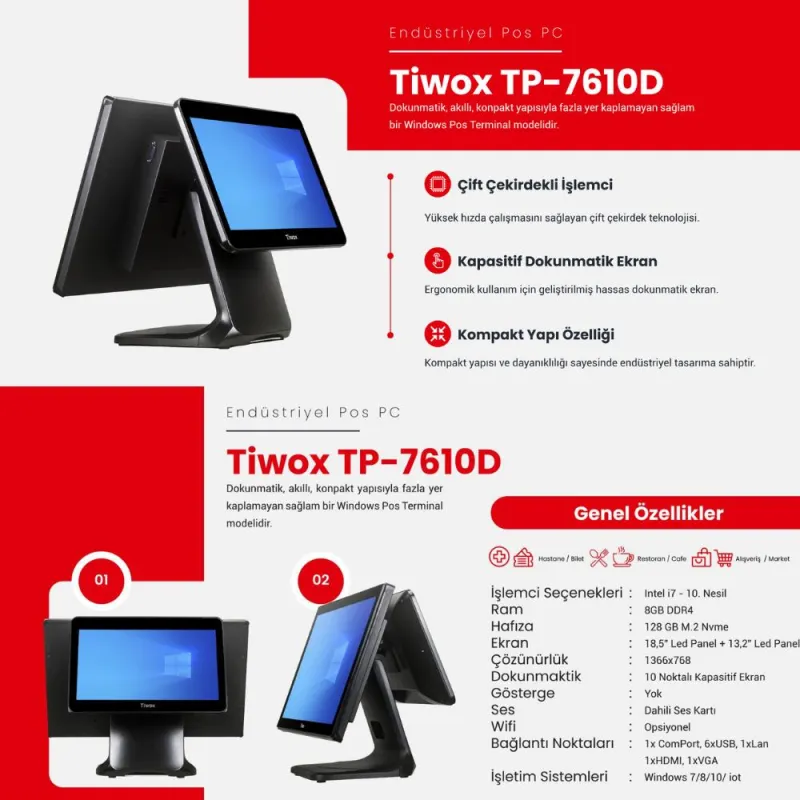 TIWOX TP-7610D I7 10.GEN 8GB/128GB SSD 18.5" +13.3" 2.EKRAN ENDÜSTRİYEL POS PC