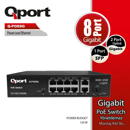 QPORT Q-POE8G 8 PORT 10/100/1000 8 PORT POE 2 PORT UPLINK + 1 SFP 120W YONETILEMEZ DESKTOP SWITCH